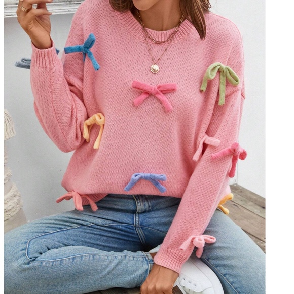 Cozy Pink Bows Oversized Loose Fit Sweater Top - Picture 2 of 5